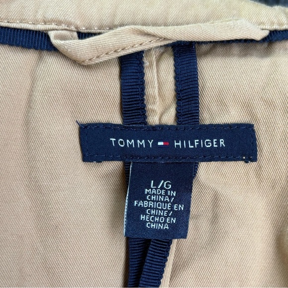Tommy Hilfiger Tan Double Breasted Cotton Trench Coat with Faux Leather Trim L - Picture 11 of 14